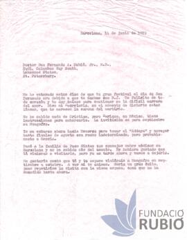 Carta emesa per Fernando Rubió Tudurí a Fernando Rubió Boada