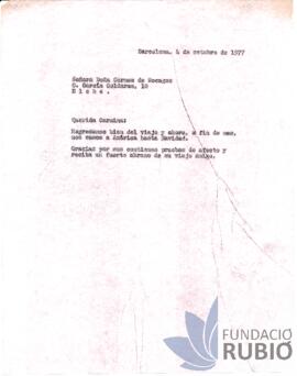 Carta emesa per Fernando Rubió Tudurí a Carmen de Recagno