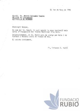 Carta emesa per Fernando Rubió Tudurí a Antoni Salvador Caules