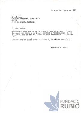 Carta emesa per Fernando Rubió Tudurí a Ceràmica Artesanal Díaz Costa