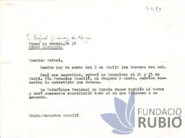 Carta emesa per Fernando Rubió Tudurí a Rafael Jiménez de Parga