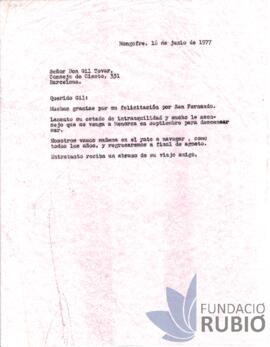 Carta emesa per Fernando Rubió Tudurí a Gil Tovar