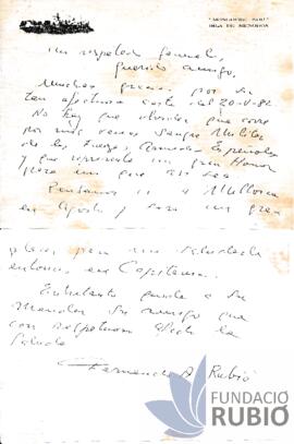 Carta emesa per Fernando Rubió Tudurí a Antonio Pascual Galmés