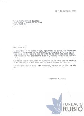 Carta emesa per Fernando Rubió Tudurí a Alberto Oliart Saussol