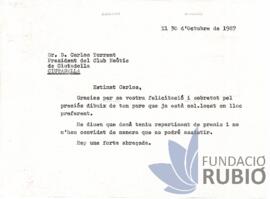 Carta emesa per Fernando Rubió Tudurí a Carlos Torrent
