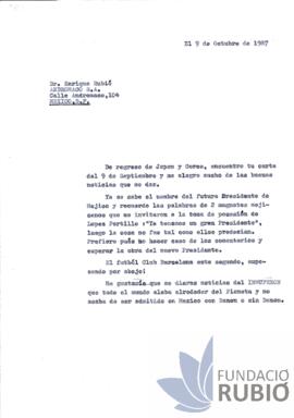 Carta emesa per Fernando Rubió Tudurí a Enrique Rubió Boada