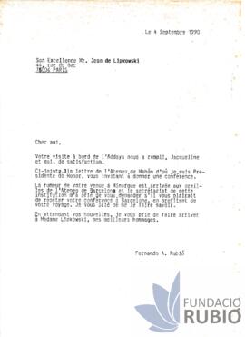 Carta emesa per Fernando Rubió Tudurí a Jean de Lipkowski