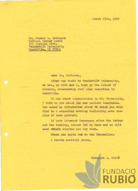 Carta emesa per Fernando Rubió Tudurí a Roscoe R. Robinson