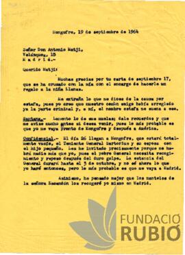 Carta emesa per Fernando Rubió Tudurí a Antonio Matji