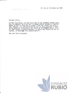 Carta emesa per Fernando Rubió Tudurí a Enric Roselló Pons
