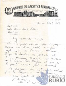 Carta emesa per Fernando Rubió Tudurí a Maria Lluïsa Serra