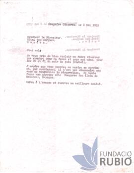 Carta emesa per Fernando Rubió Tudurí al director de l'Hotel des Bergues