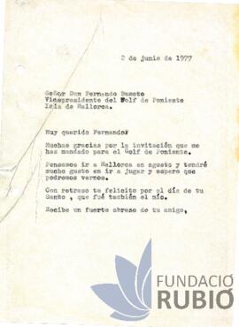 Carta emesa per Fernando Rubió Tudurí a Fernando Dameto