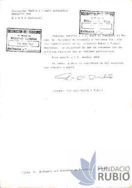 Carta emesa per Fernando Rubió Tudurí al Delegat del Govern de Menorca