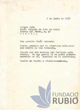 Carta emesa per Fernando Rubió Tudurí a María Antonia de Rada de Matji