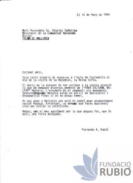 Carta emesa per Fernando Rubió Tudurí a Gabriel Cañellas