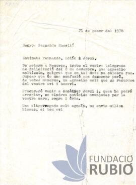 Carta emesa per Fernando Rubió Tudurí a Fernando Roselló Rubió
