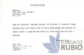 Telegrama emès per Fernando Rubió Tudurí a Guy Angers
