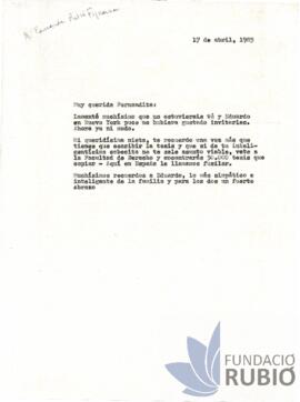 Carta emesa per Fernando Rubió Tudurí a María Fernanda Rubió Figueroa