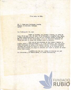 Carta emesa per Fernando Rubió Tudurí a José Luis Rodríguez Pomatta