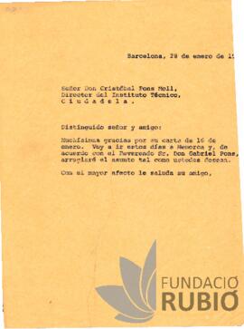 Carta emesa per Fernando Rubió Tudurí a Cristóbal Pons Moll