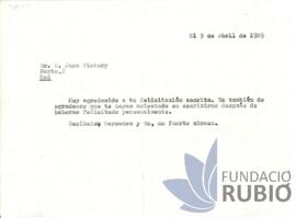Carta emesa per Fernando Rubió Tudurí a Juan Victory