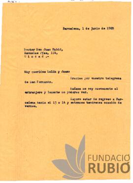 Carta emesa per Fernando Rubió Tudurí a Juan Rubió
