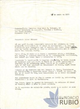 Carta emesa per Fernando Rubió Tudurí a Mons. Fra Juan B. Velasco
