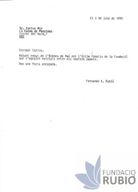 Carta emesa per Fernando Rubió Tudurí a Carlos Mir