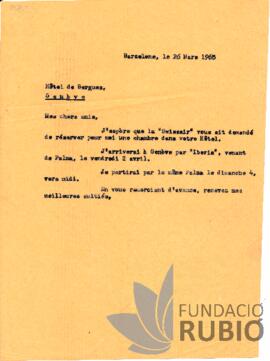 Carta emesa per Fernando Rubió Tudurí a l'Hôtel des Bergues