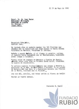 Carta emesa per Fernando Rubió Tudurí a Juan Durán