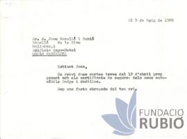Carta emesa per Fernando Rubió Tudurí a Joan Roselló i Rubió