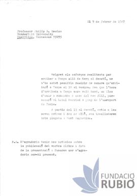 Carta emesa per Fernando Rubió Tudurí a Philip D. Rasico