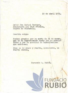 Carta emesa per Fernando Rubió Tudurí a Rafael Torrent