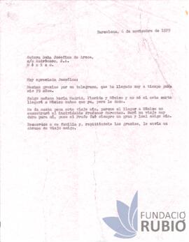 Carta emesa per Fernando Rubió Tudurí a Josefina de Arcos