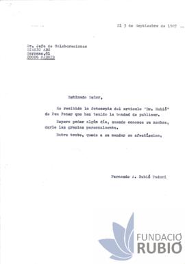 Carta emesa per Fernando Rubió Tudurí al Cap de Col·laboracions del Diario ABC
