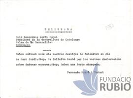 Telegrama emès per Fernando Rubió Tudurí a Jordi Pujol
