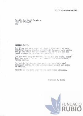 Carta emesa per Fernando Rubió Tudurí a Martí Escudero