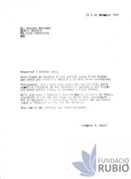 Carta emesa per Fernando Rubió Tudurí a Deseado Mercadal