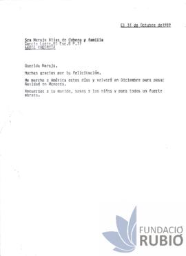 Carta emesa per Fernando Rubió Tudurí a Maruja Alias de Cubero