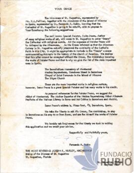 Carta emesa per Fernando Rubió Tudurí a Joseph P. Hurley