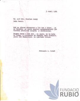 Carta emesa per Fernando Rubió Tudurí a Charles Amory