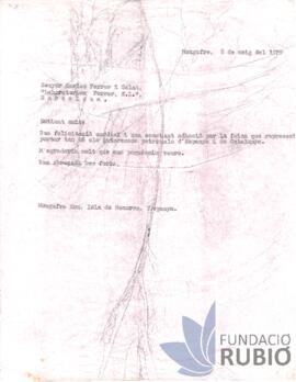 Carta emesa per Fernando Rubió Tudurí a Carles Ferrer i Salat