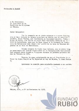 Carta emesa per Fernando Rubió Tudurí a l'Ambaixador de la República de Filipines a Mèxic