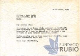 Carta emesa per Fernando Rubió Tudurí a William i Judy Kelly