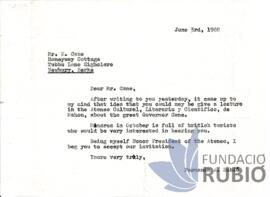 Carta emesa per Fernando Rubió Tudurí a E. Cane