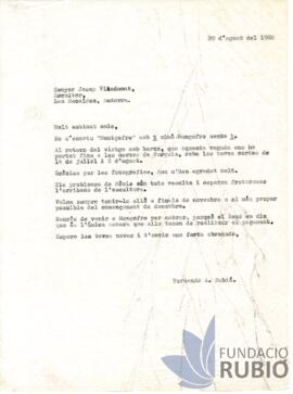 Carta emesa per Fernando Rubió Tudurí a Josep Viladomat