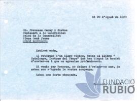 Carta emesa per Fernando Rubió Tudurí a Francesc Sanuy i Gistau