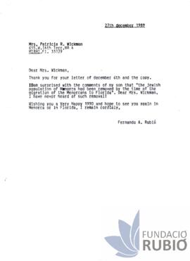 Carta emesa per Fernando Rubió Tudurí a Patricia R. Wickman