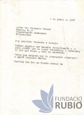 Carta emesa per Fernando Rubió Tudurí a Fernando Cubero